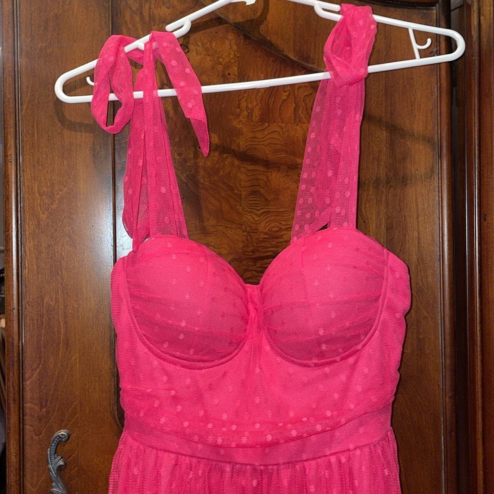 Hot Pink Tie-Shoulder Tulle Midi Dress - Picture 2 of 4